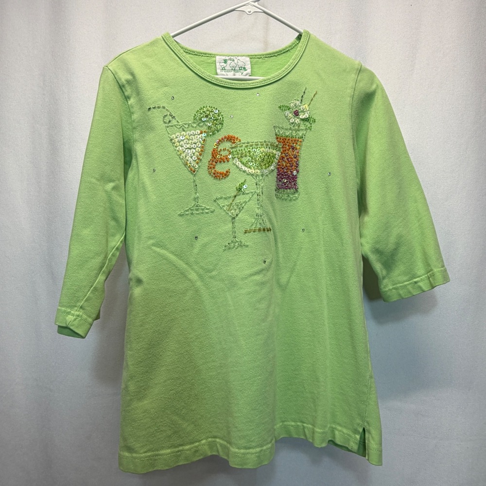 Quacker Factory T-Shirt Womens Small Green Cocktail Sequin Beaded 3/4 Sleeve